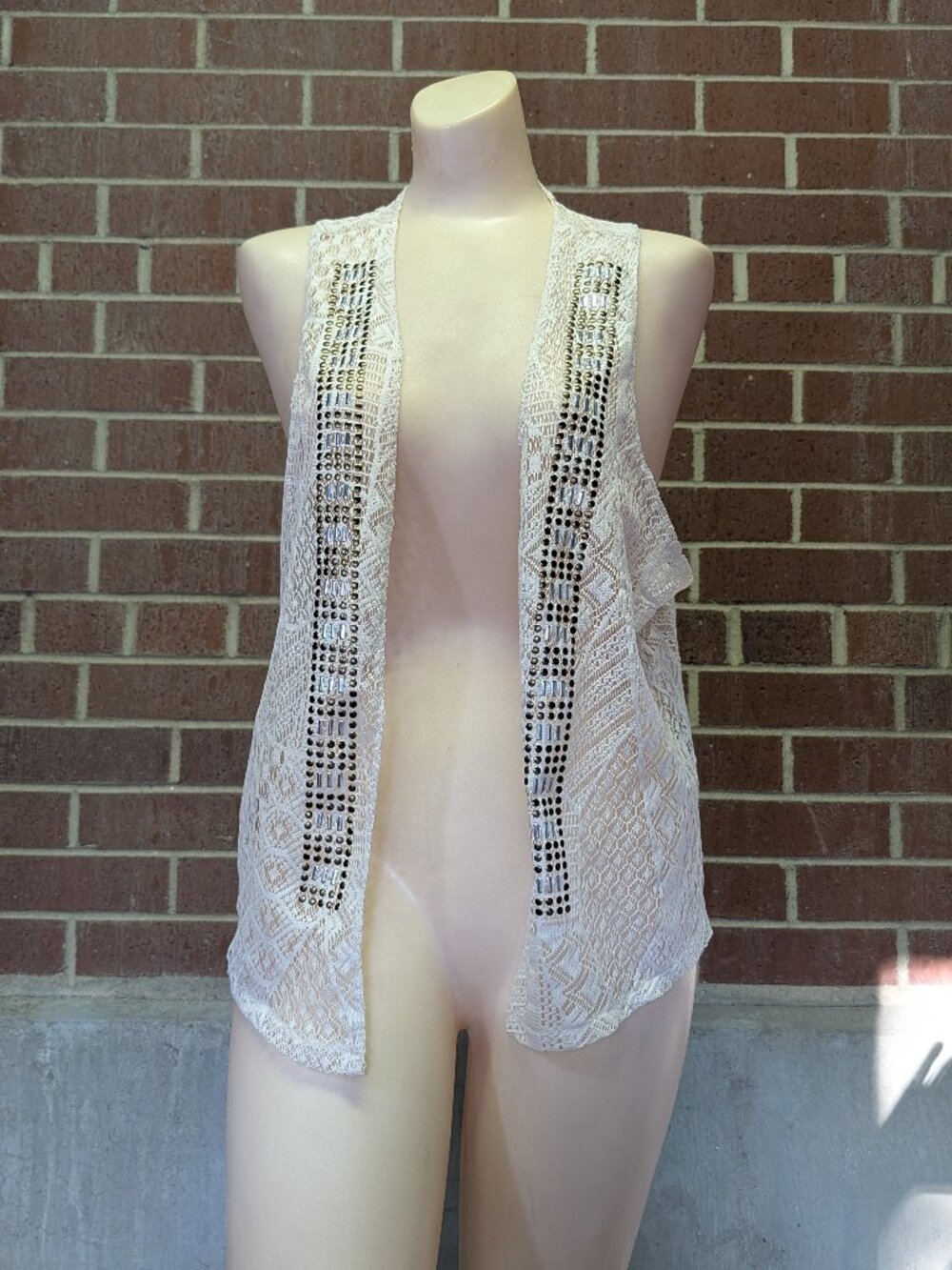 Rock & Roll Cowgirl Studded Boho Lace Crochet Vest Womens White Sheer Festival L